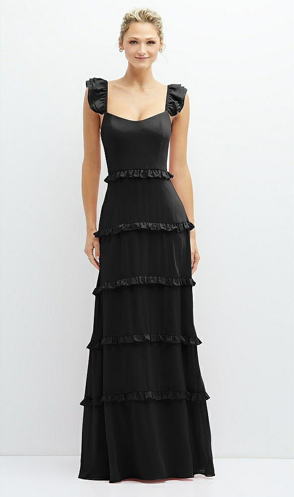 Front View - Black Tiered Chiffon Maxi A-line Dress with Convertible Ruffle Straps