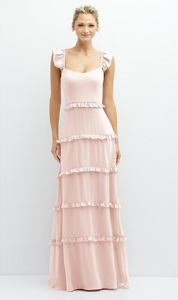 Front View - Blush Tiered Chiffon Maxi A-line Dress with Convertible Ruffle Straps