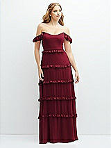 Alt View 1 Thumbnail - Burgundy Tiered Chiffon Maxi A-line Dress with Convertible Ruffle Straps