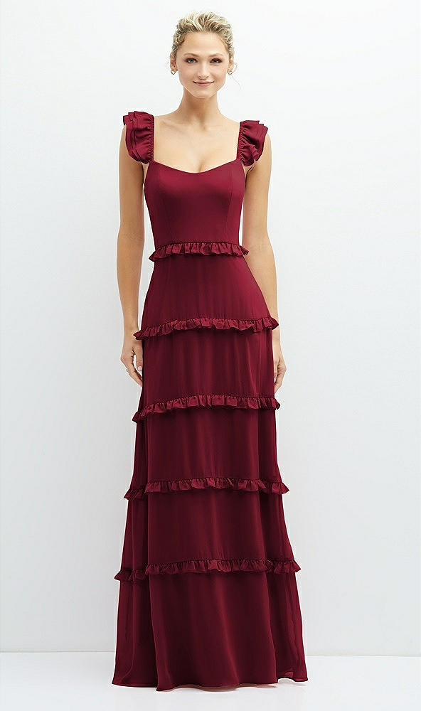 Front View - Burgundy Tiered Chiffon Maxi A-line Dress with Convertible Ruffle Straps