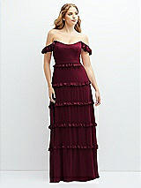 Alt View 1 Thumbnail - Cabernet Tiered Chiffon Maxi A-line Dress with Convertible Ruffle Straps