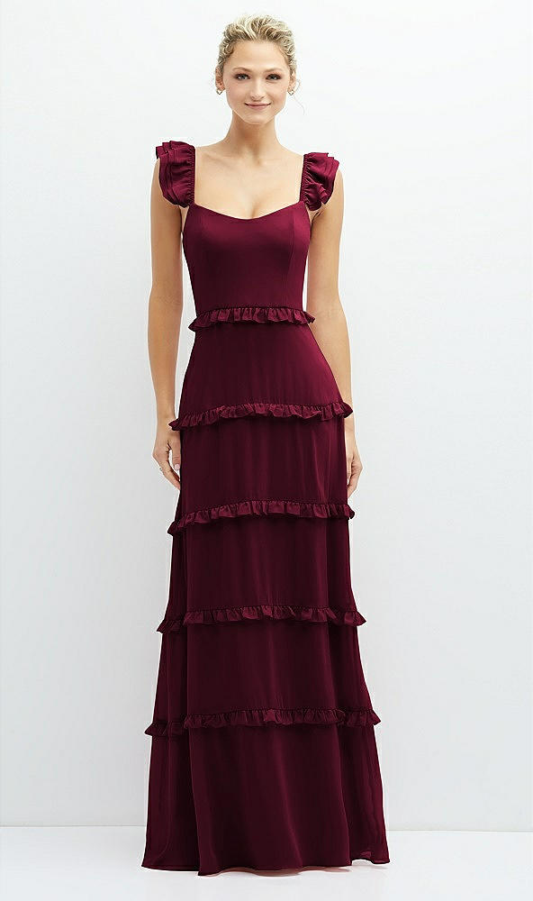 Front View - Cabernet Tiered Chiffon Maxi A-line Dress with Convertible Ruffle Straps