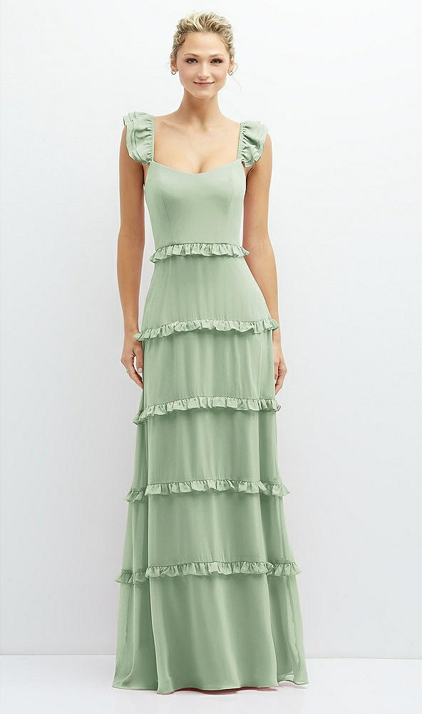 Front View - Celadon Tiered Chiffon Maxi A-line Dress with Convertible Ruffle Straps
