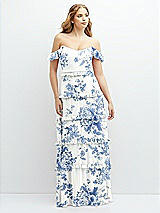Alt View 1 Thumbnail - Cottage Rose Dusk Blue Tiered Chiffon Maxi A-line Dress with Convertible Ruffle Straps