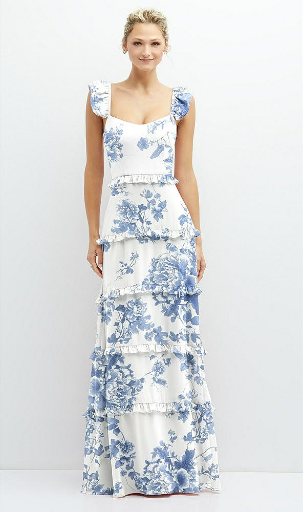 Front View - Cottage Rose Dusk Blue Tiered Chiffon Maxi A-line Dress with Convertible Ruffle Straps