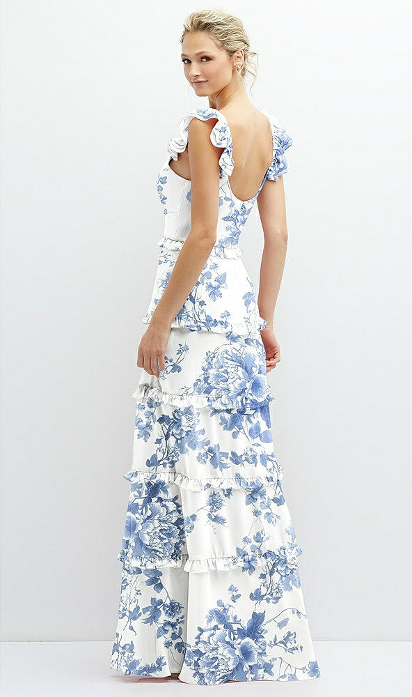 Back View - Cottage Rose Dusk Blue Tiered Chiffon Maxi A-line Dress with Convertible Ruffle Straps