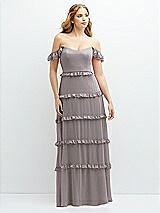 Alt View 1 Thumbnail - Cashmere Gray Tiered Chiffon Maxi A-line Dress with Convertible Ruffle Straps