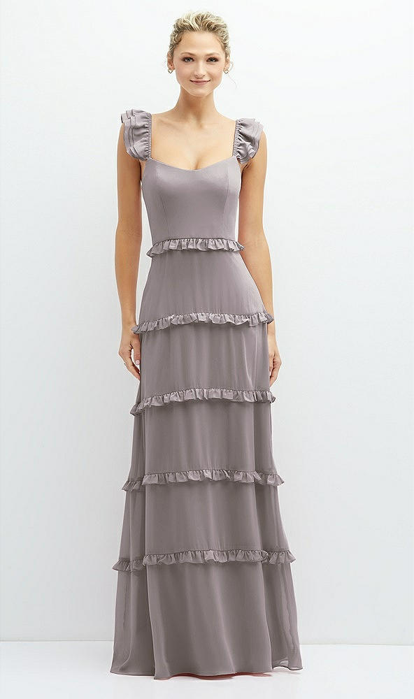 Front View - Cashmere Gray Tiered Chiffon Maxi A-line Dress with Convertible Ruffle Straps