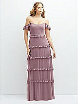 Alt View 1 Thumbnail - Dusty Rose Tiered Chiffon Maxi A-line Dress with Convertible Ruffle Straps