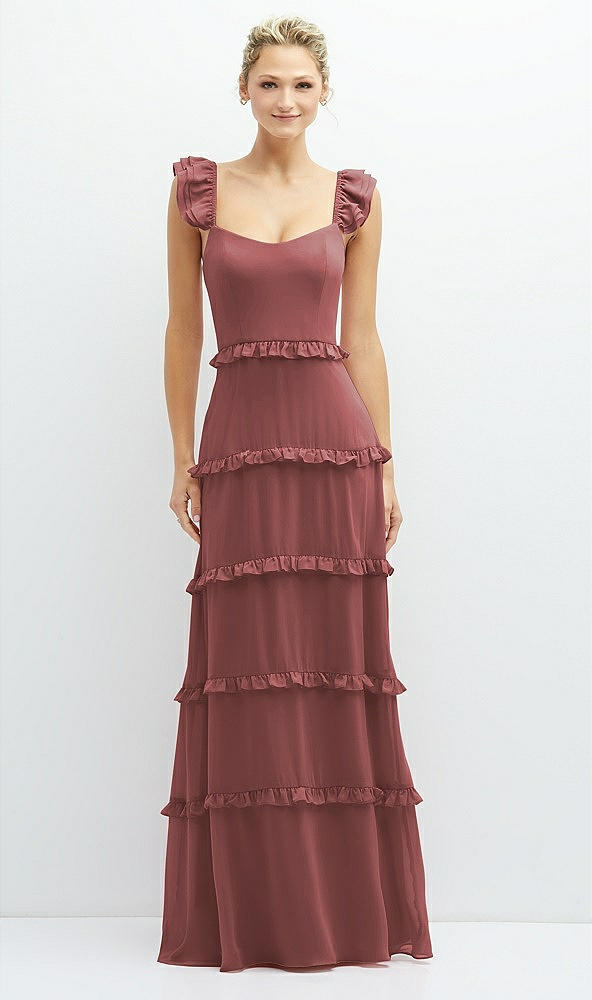 Front View - English Rose Tiered Chiffon Maxi A-line Dress with Convertible Ruffle Straps