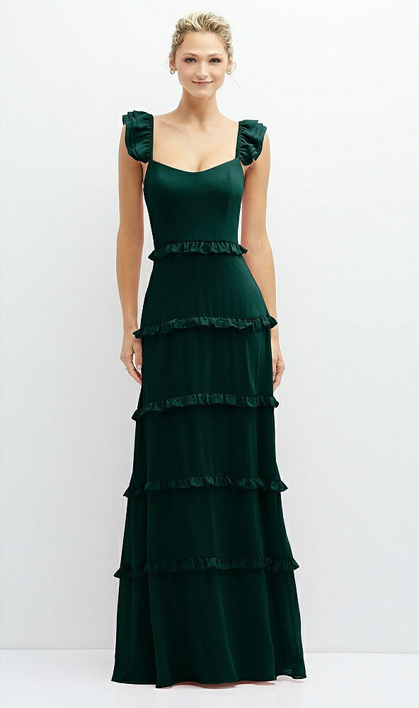Front View - Evergreen Tiered Chiffon Maxi A-line Dress with Convertible Ruffle Straps