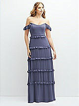 Alt View 1 Thumbnail - French Blue Tiered Chiffon Maxi A-line Dress with Convertible Ruffle Straps