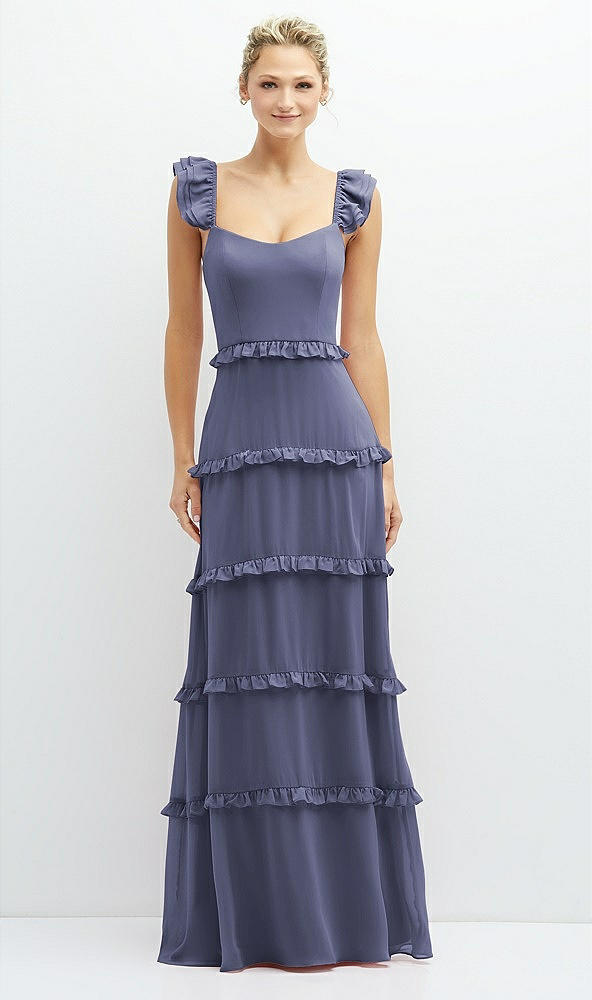 Front View - French Blue Tiered Chiffon Maxi A-line Dress with Convertible Ruffle Straps