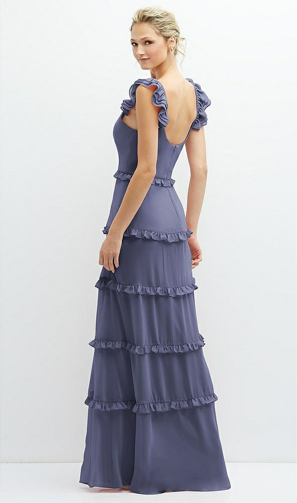 Back View - French Blue Tiered Chiffon Maxi A-line Dress with Convertible Ruffle Straps