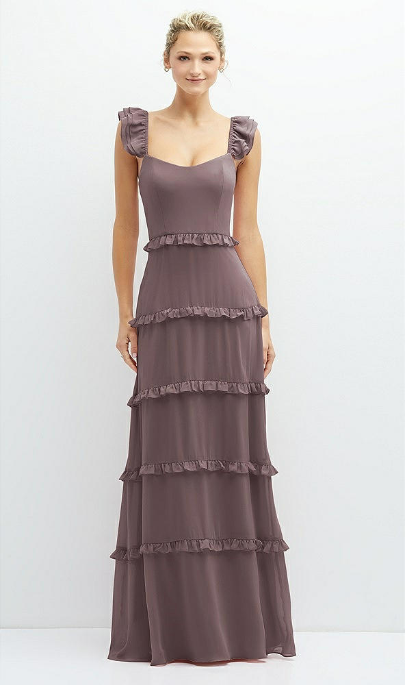 Front View - French Truffle Tiered Chiffon Maxi A-line Dress with Convertible Ruffle Straps