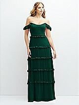 Alt View 1 Thumbnail - Hunter Green Tiered Chiffon Maxi A-line Dress with Convertible Ruffle Straps