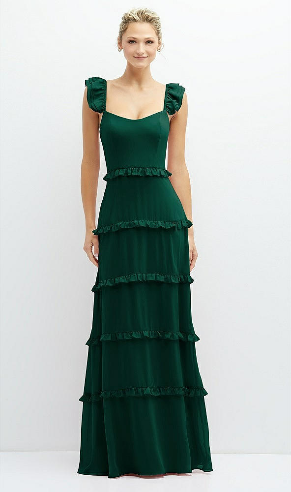 Front View - Hunter Green Tiered Chiffon Maxi A-line Dress with Convertible Ruffle Straps