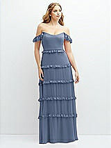 Alt View 1 Thumbnail - Larkspur Blue Tiered Chiffon Maxi A-line Dress with Convertible Ruffle Straps