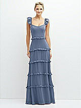 Front View Thumbnail - Larkspur Blue Tiered Chiffon Maxi A-line Dress with Convertible Ruffle Straps
