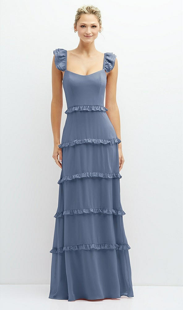 Front View - Larkspur Blue Tiered Chiffon Maxi A-line Dress with Convertible Ruffle Straps