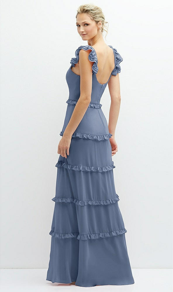 Back View - Larkspur Blue Tiered Chiffon Maxi A-line Dress with Convertible Ruffle Straps