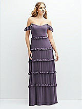 Alt View 1 Thumbnail - Lavender Tiered Chiffon Maxi A-line Dress with Convertible Ruffle Straps
