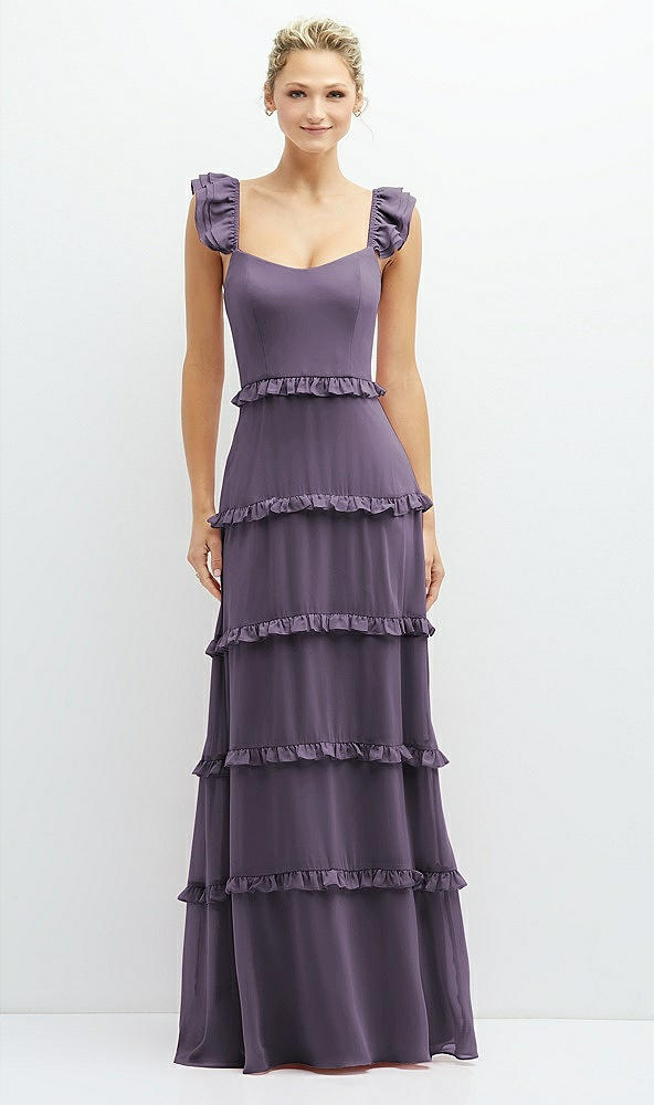 Front View - Lavender Tiered Chiffon Maxi A-line Dress with Convertible Ruffle Straps