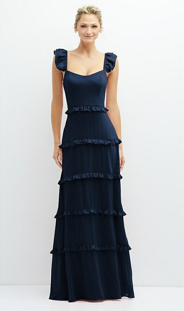 Front View - Midnight Navy Tiered Chiffon Maxi A-line Dress with Convertible Ruffle Straps