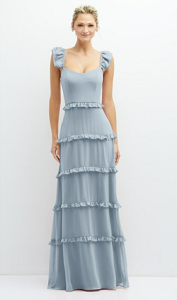 Front View - Mist Tiered Chiffon Maxi A-line Dress with Convertible Ruffle Straps