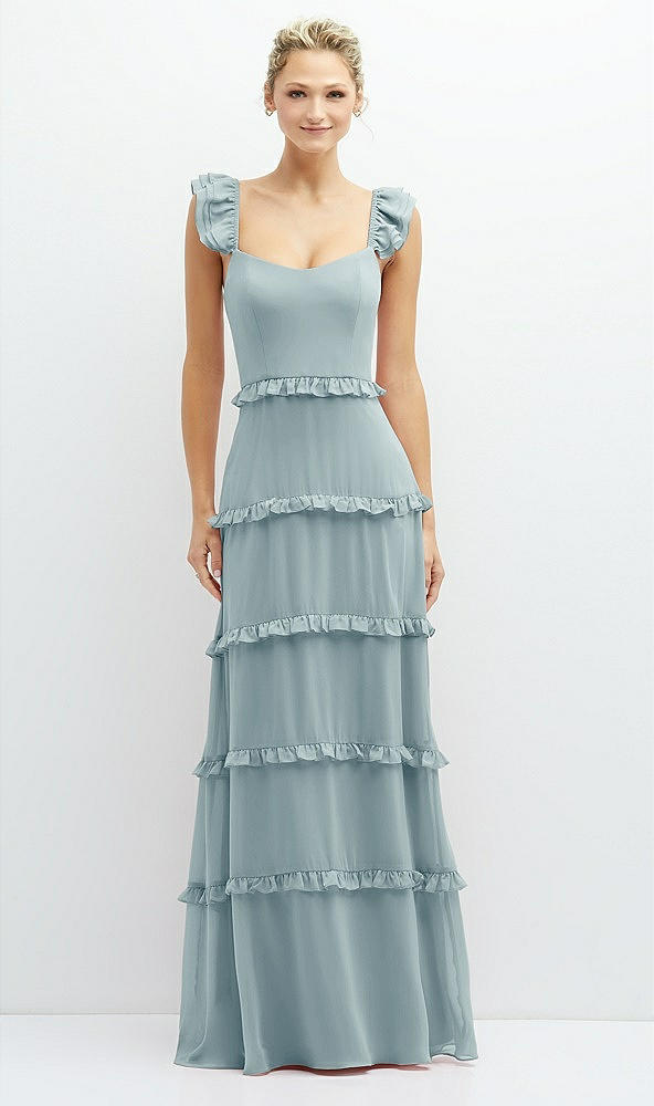 Front View - Morning Sky Tiered Chiffon Maxi A-line Dress with Convertible Ruffle Straps