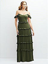 Alt View 1 Thumbnail - Olive Green Tiered Chiffon Maxi A-line Dress with Convertible Ruffle Straps