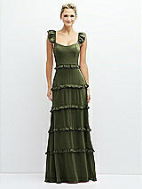 Front View Thumbnail - Olive Green Tiered Chiffon Maxi A-line Dress with Convertible Ruffle Straps
