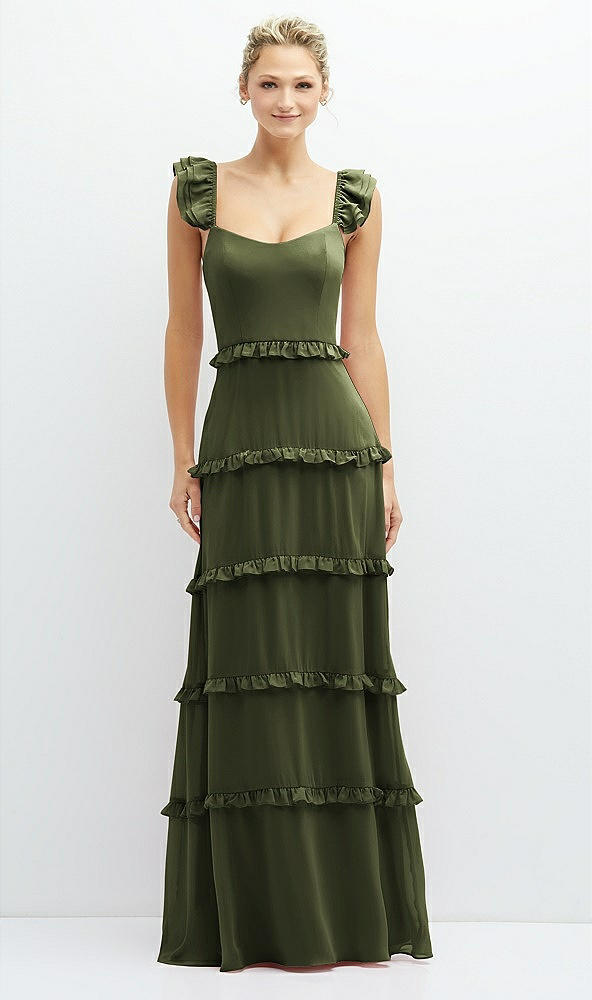 Front View - Olive Green Tiered Chiffon Maxi A-line Dress with Convertible Ruffle Straps