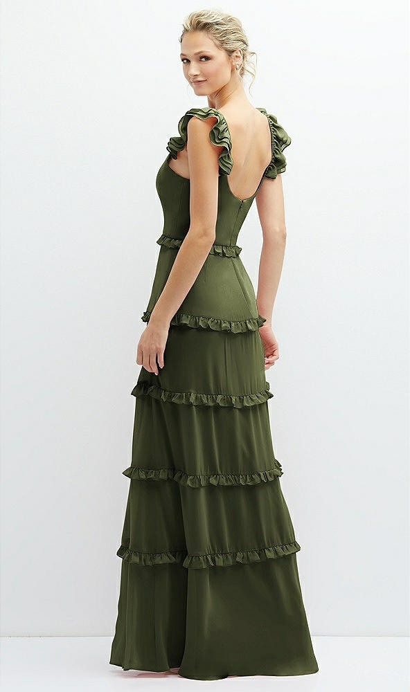 Back View - Olive Green Tiered Chiffon Maxi A-line Dress with Convertible Ruffle Straps