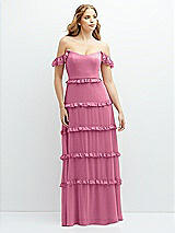 Alt View 1 Thumbnail - Orchid Pink Tiered Chiffon Maxi A-line Dress with Convertible Ruffle Straps