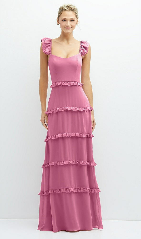 Front View - Orchid Pink Tiered Chiffon Maxi A-line Dress with Convertible Ruffle Straps
