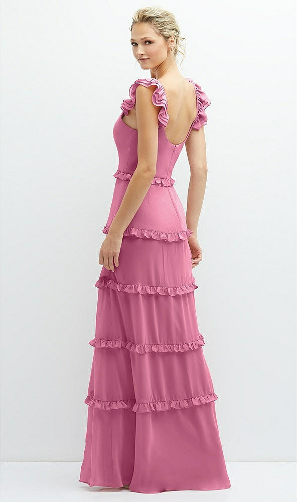 Back View - Orchid Pink Tiered Chiffon Maxi A-line Dress with Convertible Ruffle Straps