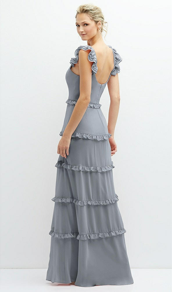 Back View - Platinum Tiered Chiffon Maxi A-line Dress with Convertible Ruffle Straps