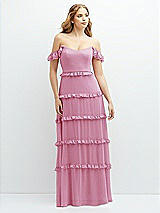 Alt View 1 Thumbnail - Powder Pink Tiered Chiffon Maxi A-line Dress with Convertible Ruffle Straps