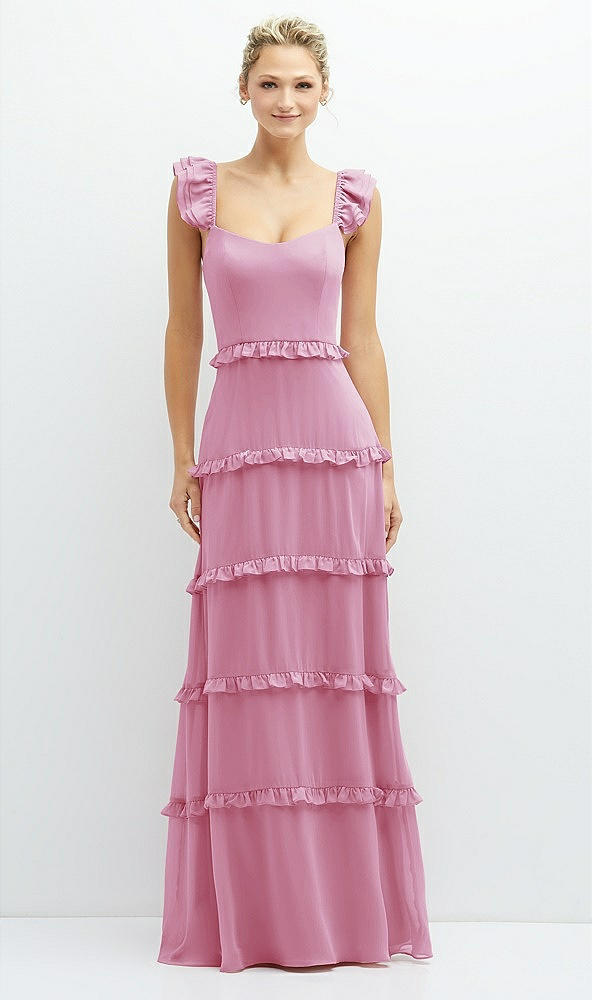 Front View - Powder Pink Tiered Chiffon Maxi A-line Dress with Convertible Ruffle Straps