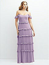 Alt View 1 Thumbnail - Pale Purple Tiered Chiffon Maxi A-line Dress with Convertible Ruffle Straps