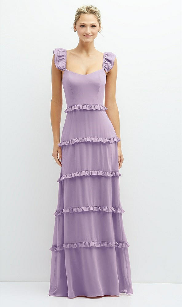Front View - Pale Purple Tiered Chiffon Maxi A-line Dress with Convertible Ruffle Straps