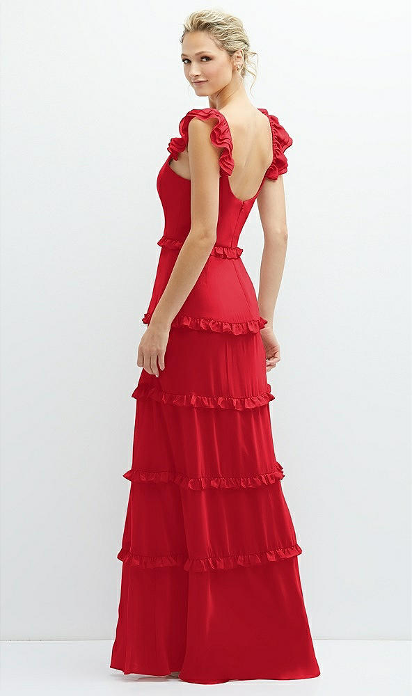 Back View - Parisian Red Tiered Chiffon Maxi A-line Dress with Convertible Ruffle Straps