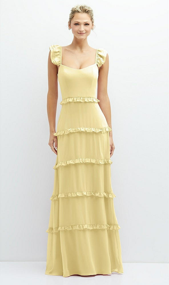Front View - Pale Yellow Tiered Chiffon Maxi A-line Dress with Convertible Ruffle Straps