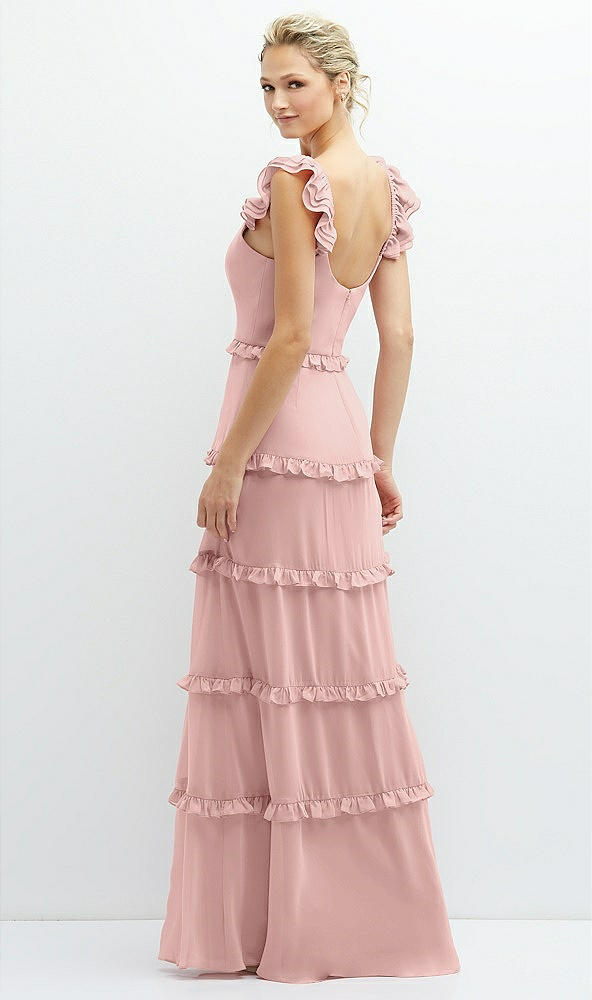Back View - Rose - PANTONE Rose Quartz Tiered Chiffon Maxi A-line Dress with Convertible Ruffle Straps
