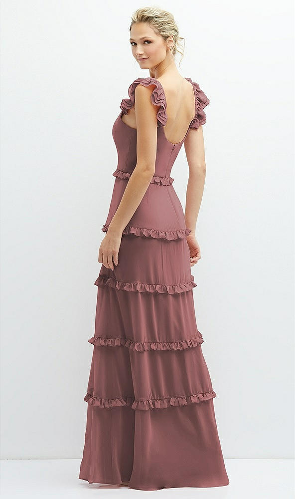 Back View - Rosewood Tiered Chiffon Maxi A-line Dress with Convertible Ruffle Straps