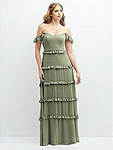Alt View 1 Thumbnail - Sage Tiered Chiffon Maxi A-line Dress with Convertible Ruffle Straps
