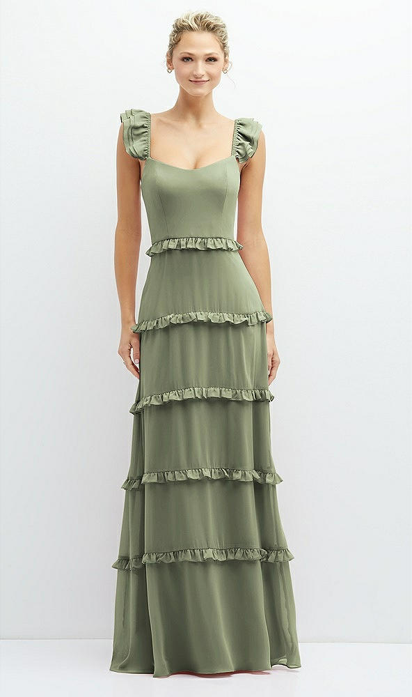 Front View - Sage Tiered Chiffon Maxi A-line Dress with Convertible Ruffle Straps