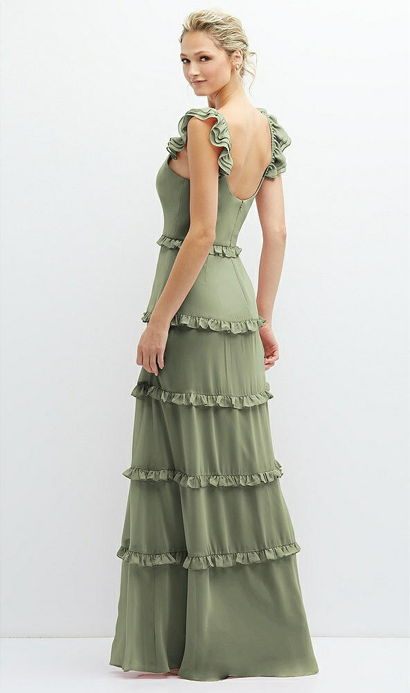 Back View - Sage Tiered Chiffon Maxi A-line Dress with Convertible Ruffle Straps