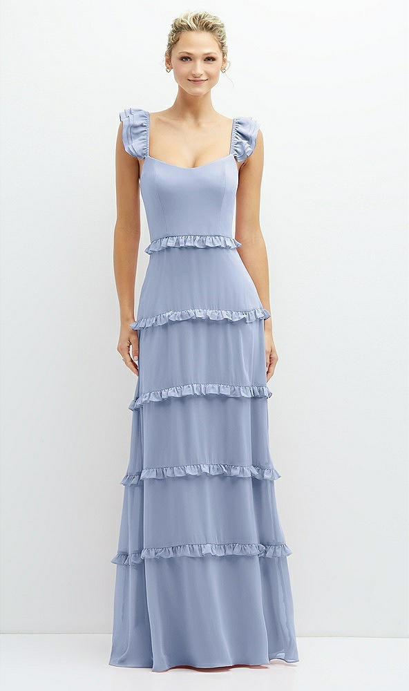 Front View - Sky Blue Tiered Chiffon Maxi A-line Dress with Convertible Ruffle Straps